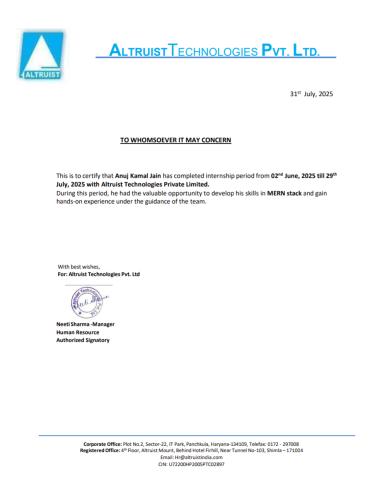 Certificate of Internship Completion certificate
