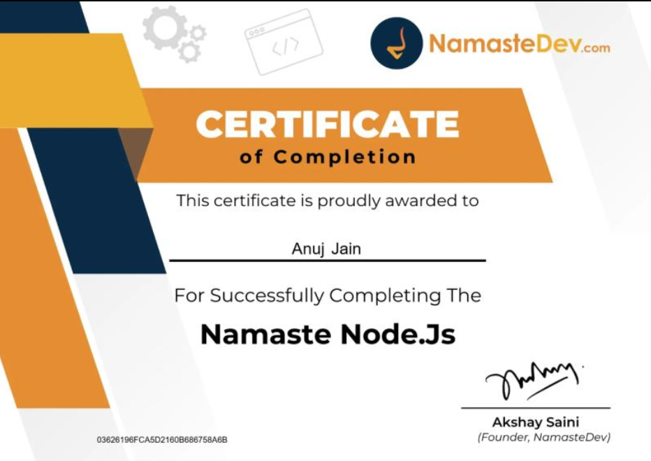 Namaste Dev certified Backend Developer certificate