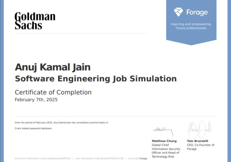 Goldman Sachs - Software Engineering Job Simulation certificate