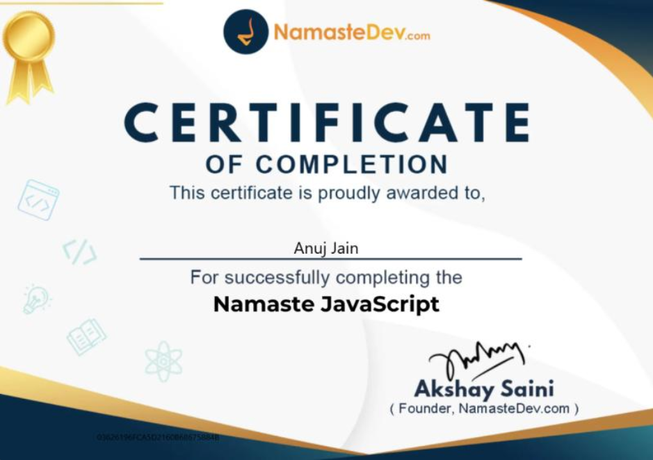 NamasteDev certified Front-End Developer certificate