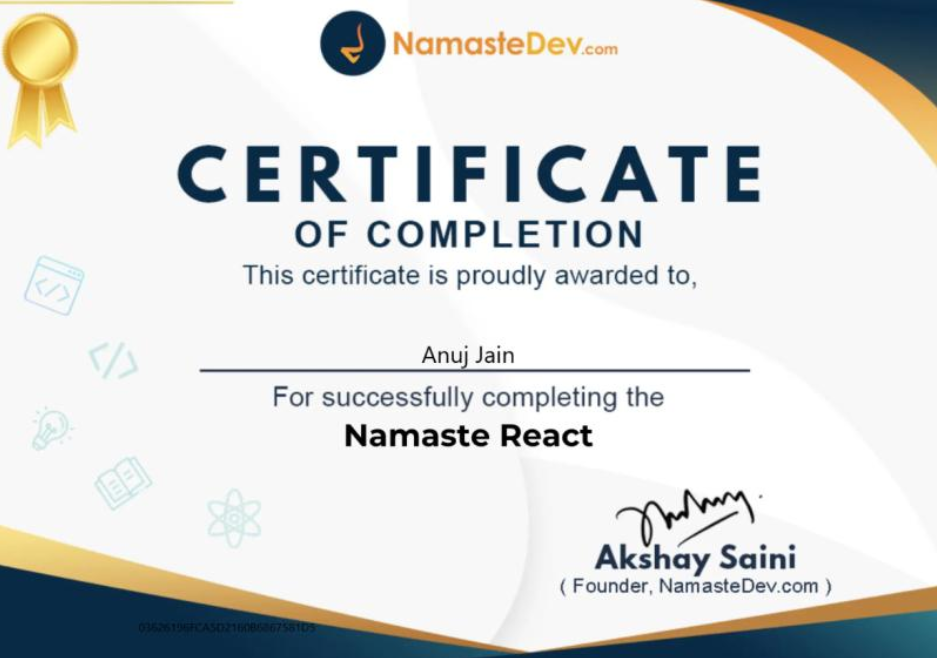 Namaste Dev certified React.js Developer certificate